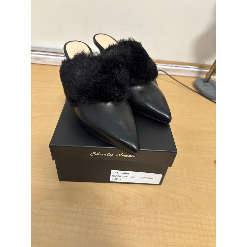 Charly Amar Lana Black Leather Fur Trim Pointed Toe Mules Stiletto Heels Size 9